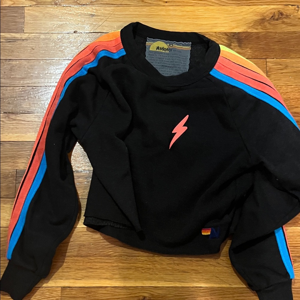 Aviator Nation Black Sweatshirt with Rainbow Stripes